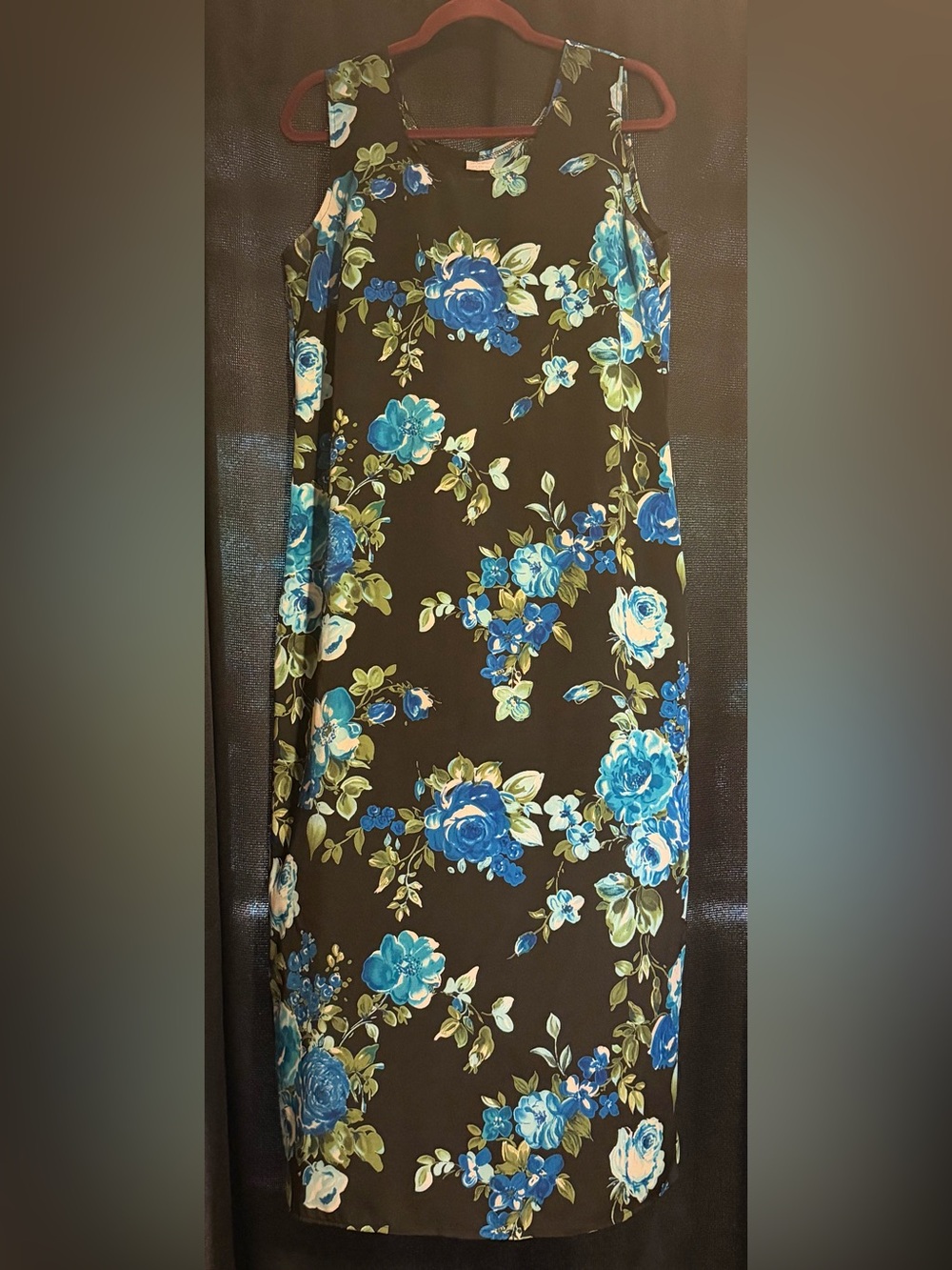 VTG 90s Floral Sheath Maxi Dress Black/Blue Back Slit Size 14